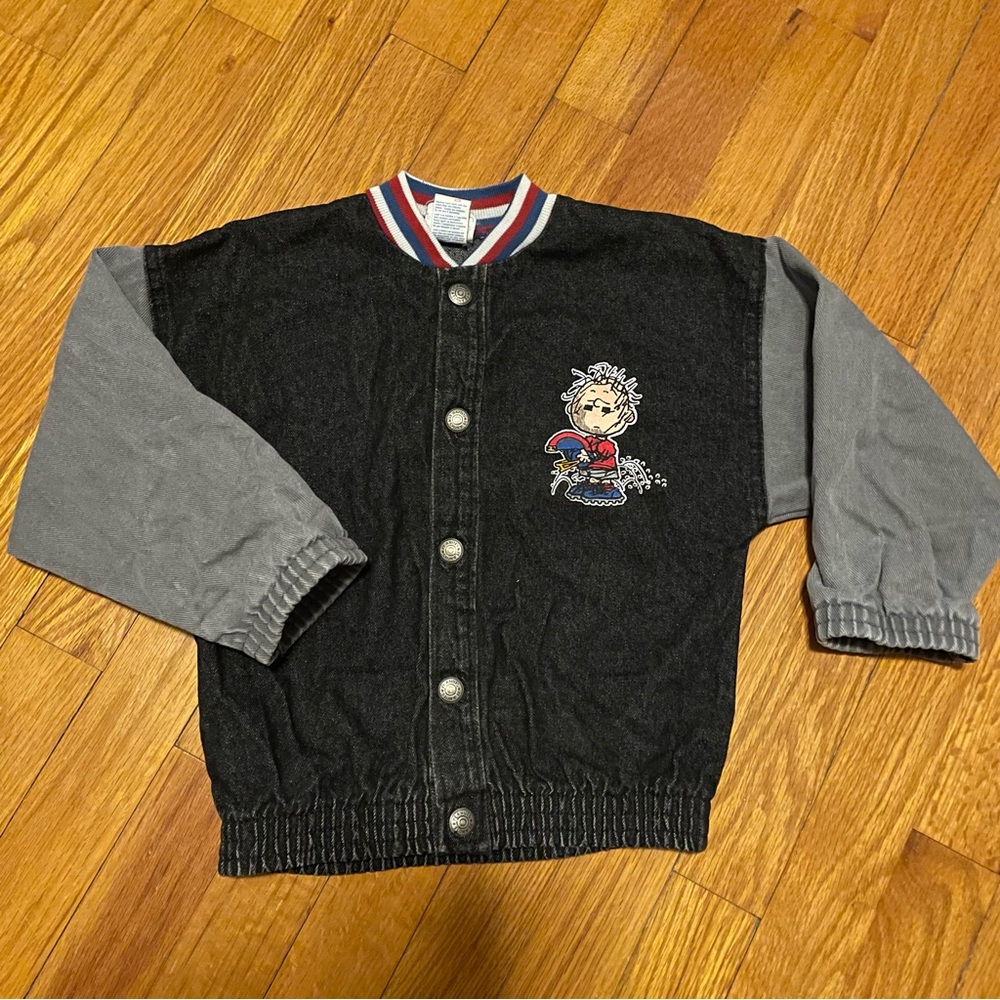 Vintage Peanuts Kid 3T Pigpen Snoopy Football Black Gray Denim Bomber Jacket USA